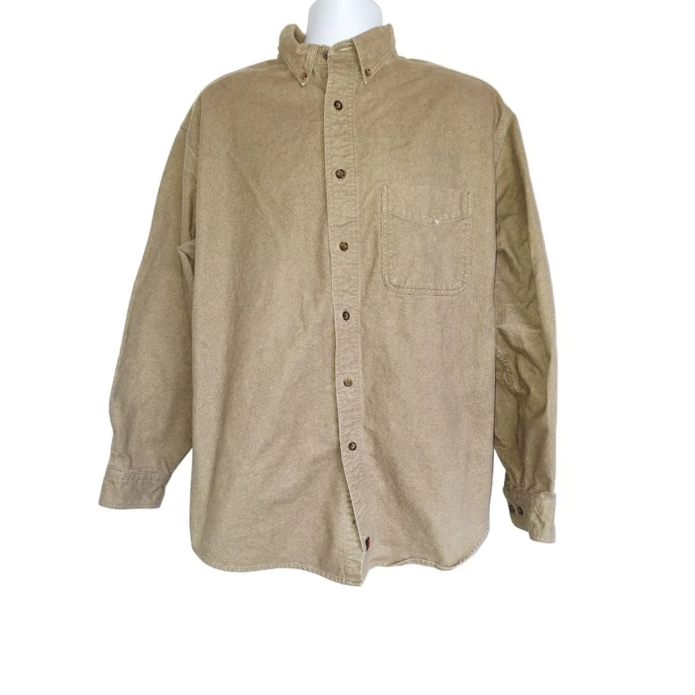 WOOLRICH Beige Casual Button Down Shirt XL 100% thick cotton elbow patches - Picture 2 of 7